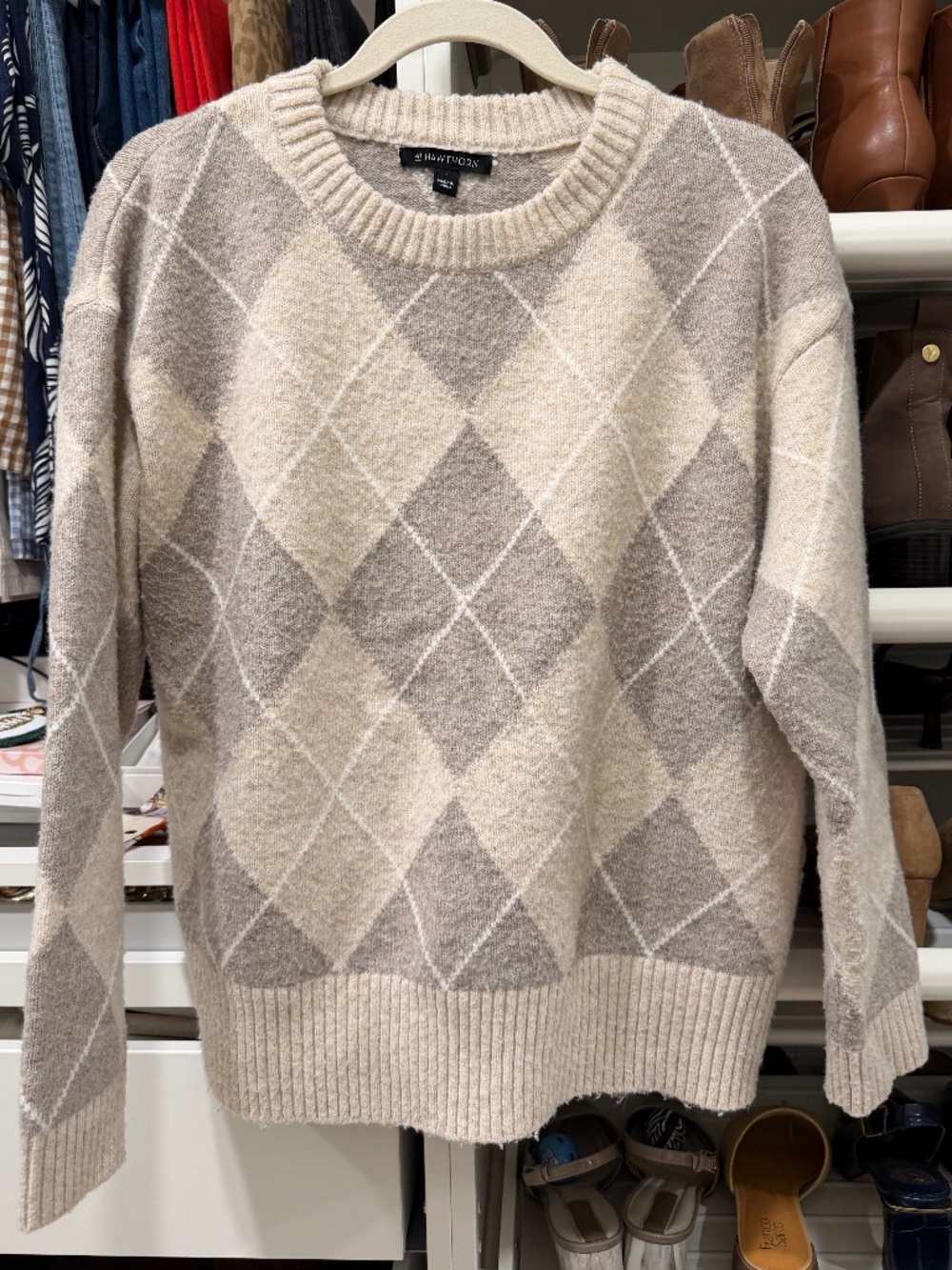 Cream and gray argyle sweater